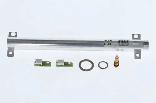 Gasumrüstsatz von Bosch, bestehend aus einem Aluminiumrohr, zwei Platinen, Dichtungen und einem Anschlussventil, zur Umrüstung des Brenners.